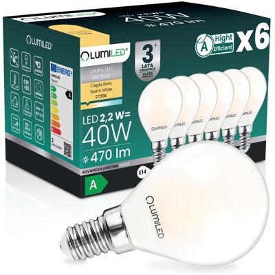 6x Żarówka LED E14 Kulka P45 2,2W 470lm = 40W 2700K Ciepła 360° Filament KLASA A LUMILED 6x Żarówka LED E14 Kulka P45 2,2W 470lm = 40W 2700K Ciepła 360° Filament KLASA A LUMILED