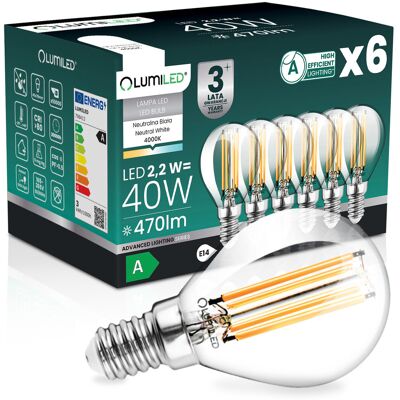 6x Żarówka LED E14 Kulka P45 2,2W 470lm = 40W 4000K Neutralna 360° Filament KLASA A LUMILED 6x Żarówka LED E14 Kulka P45 2,2W 470lm = 40W 4000K Neutralna 360° Filament KLASA A LUMILED