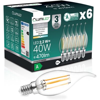 6x Żarówka LED E14 Świeczka BA35 2,2W 470lm = 40W 4000K Neutralna 360° Filament KLASA A LUMILED 6x Żarówka LED E14 Świeczka BA35 2,2W 470lm = 40W 4000K Neutralna 360° Filament KLASA A LUMILED