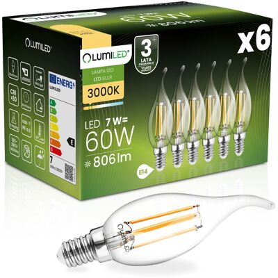 6x Żarówka LED E14 Świeczka BA35 7W = 60W 806lm 3000K Ciepła 360° FILAMENT LUMILED 6x Żarówka LED E14 Świeczka BA35 7W = 60W 806lm 3000K Ciepła 360° FILAMENT LUMILED