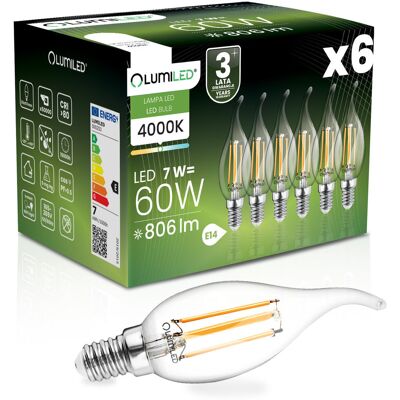 6x Żarówka LED E14 Świeczka BA35 7W = 60W 806lm 4000K Neutralna 360° FILAMENT LUMILED 6x Żarówka LED E14 Świeczka BA35 7W = 60W 806lm 4000K Neutralna 360° FILAMENT LUMILED
