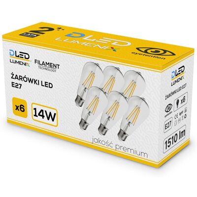 DLED 6x Żarówka LED E27 1510lm 14W FILAMENT ŁZA CIEPŁA DLED 6x Żarówka LED E27 1510lm 14W FILAMENT ŁZA CIEPŁA