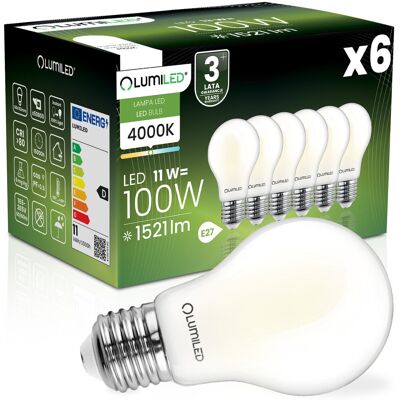 6x Żarówka LED E27 A60 11W = 100W 1521lm 4000K Neutralna 360° FILAMENT LUMILED 6x Żarówka LED E27 A60 11W = 100W 1521lm 4000K Neutralna 360° FILAMENT LUMILED
