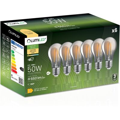 6x Żarówka LED E27 A60 6W = 50W 660lm 2200K Ciepła 360° DYMIONA FILAMENT LUMILED 6x Żarówka LED E27 A60 6W = 50W 660lm 2200K Ciepła 360° DYMIONA FILAMENT LUMILED