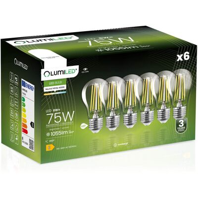 6x Żarówka LED E27 A60 8W = 75W 1055lm 4000K Neutralna 360° FILAMENT LUMILED 6x Żarówka LED E27 A60 8W = 75W 1055lm 4000K Neutralna 360° FILAMENT LUMILED