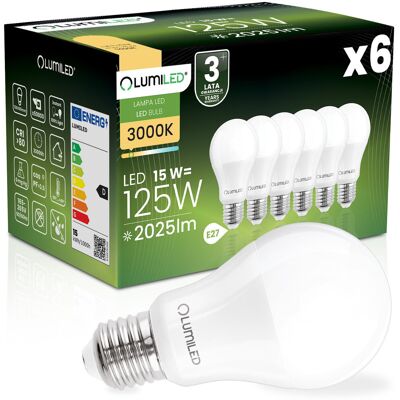 6x Żarówka LED E27 A65 15W = 125W 2025lm 3000K Ciepła 260° LUMILED 6x Żarówka LED E27 A65 15W = 125W 2025lm 3000K Ciepła 260° LUMILED