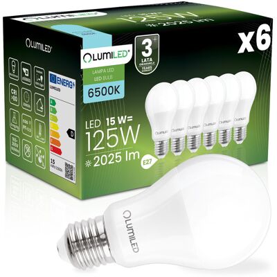 6x Żarówka LED E27 A65 15W = 125W 2025lm 6500K Zimna 260° LUMILED 6x Żarówka LED E27 A65 15W = 125W 2025lm 6500K Zimna 260° LUMILED