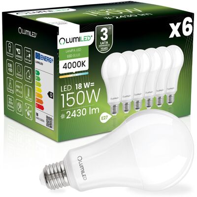 6x Żarówka LED E27 A70 18W = 150W 2430lm 4000K Neutralna 260° LUMILED 6x Żarówka LED E27 A70 18W = 150W 2430lm 4000K Neutralna 260° LUMILED