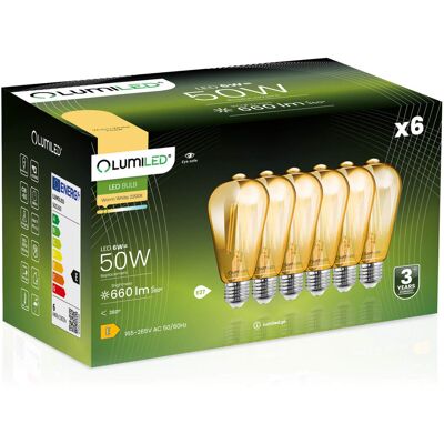 6x Żarówka LED E27 Edison ST64 6W = 50W 660lm 2000K Ciepła 360° BURSZTYNOWA FILAMENT LUMILED 6x Żarówka LED E27 Edison ST64 6W = 50W 660lm 2000K Ciepła 360° BURSZTYNOWA FILAMENT LUMILED