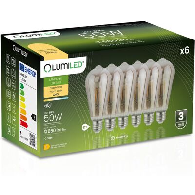 6x Żarówka LED E27 Edison ST64 6W = 50W 660lm 2200K Ciepła 360° DYMIONA FILAMENT LUMILED 6x Żarówka LED E27 Edison ST64 6W = 50W 660lm 2200K Ciepła 360° DYMIONA FILAMENT LUMILED