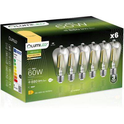 6x Żarówka LED E27 Edison ST64 8W = 60W 880lm 3000K Ciepła 360° FILAMENT LUMILED 6x Żarówka LED E27 Edison ST64 8W = 60W 880lm 3000K Ciepła 360° FILAMENT LUMILED