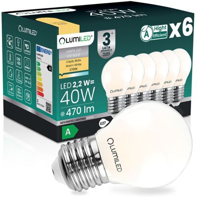 6x Żarówka LED E27 Kulka P45 2,2W 470lm = 40W 2700K Ciepła 360° Filament KLASA A LUMILED 6x Żarówka LED E27 Kulka P45 2,2W 470lm = 40W 2700K Ciepła 360° Filament KLASA A LUMILED