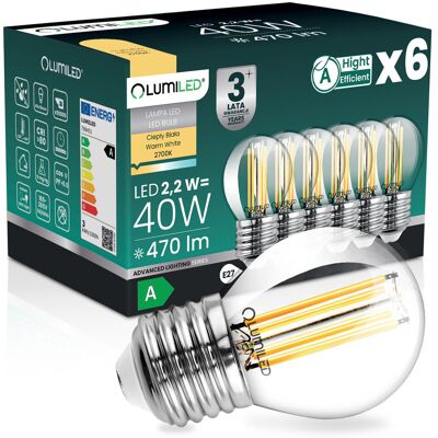 6x Żarówka LED E27 Kulka P45 2,2W 470lm = 40W 2700K Ciepła 360° Filament KLASA A LUMILED 6x Żarówka LED E27 Kulka P45 2,2W 470lm = 40W 2700K Ciepła 360° Filament KLASA A LUMILED