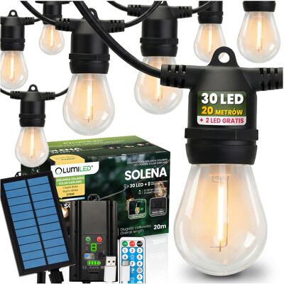 Girlanda Solarna Ogrodowa 30x LED Ozdobne Żarówki 20m 2700K Ciepła + Pilot SOLENA LUMILED Girlanda Solarna Ogrodowa 30x LED Ozdobne Żarówki 20m 2700K Ciepła + Pilot SOLENA LUMILED