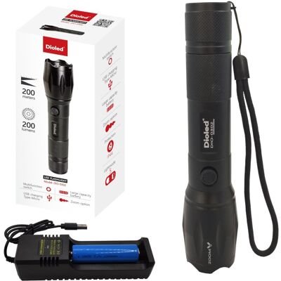 Latarka ręczna LED akumulator lub baterie 200lm ZOOM USB aluminiowa Dioled Latarka ręczna LED akumulator lub baterie 200lm ZOOM USB aluminiowa Dioled