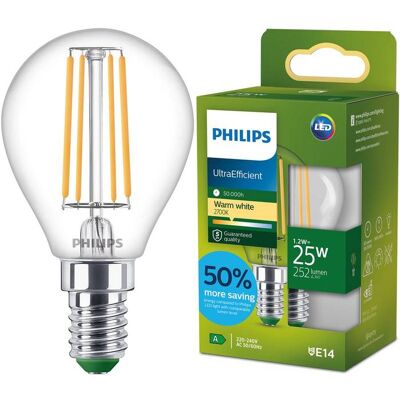 Żarówka Led E14 Philips Ultraefficient Kulka P45 1.2w = 25w 252lm 210lm/w 2700k Ciepła Barwa 300° Klasa A - 1 Szt. Żarówka Led E14 Philips Ultraefficient Kulka P45 1.2w = 25w 252lm 210lm/w 2700k Ciepła Barwa 300° Klasa A - 1 Szt.