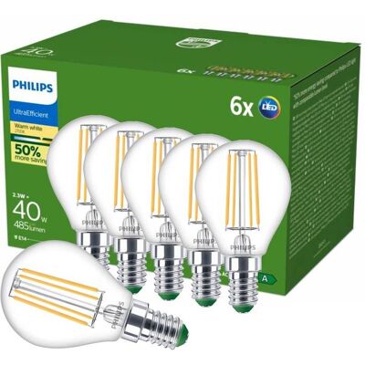 Żarówka Led E14 Philips Ultraefficient Kulka P45 2.3w = 40w 485lm 210lm/w 2700k Ciepła Barwa 300° Klasa A - 6 Szt. Żarówka Led E14 Philips Ultraefficient Kulka P45 2.3w = 40w 485lm 210lm/w 2700k Ciepła Barwa 300° Klasa A - 6 Szt.