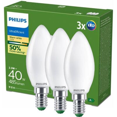 Żarówka Led E14 Philips Ultraefficient Świeczka B35 2.3w = 40w 485lm 210lm/w 2700k Ciepła Barwa 300° Klasa A - 3 Szt. Żarówka Led E14 Philips Ultraefficient Świeczka B35 2.3w = 40w 485lm 210lm/w 2700k Ciepła Barwa 300° Klasa A - 3 Szt.