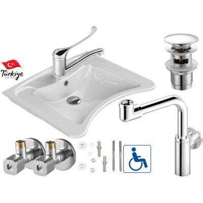 Domotechnika ZESTAW 6w1:Umywalka dla niepełnosprawnych 60x50cm , biała CeraStyle + Bateria z uchwytem łokciowym+ Syfon umywalkowy oszczędzający miejsce , mosiądz.. Domotechnika ZESTAW 6w1:Umywalka dla niepełnosprawnych 60x50cm , biała CeraStyle + Bateria z uchwytem łokciowym+ Syfon umywalkowy oszczędzający miejsce , mosiądz..