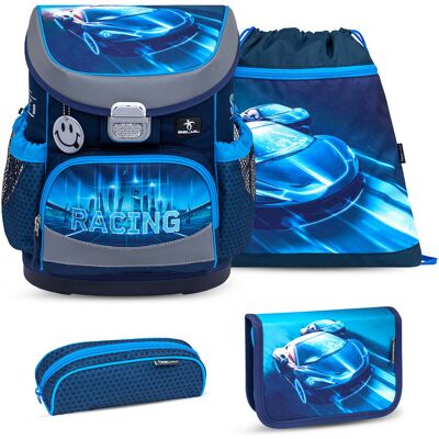 Ergonomiczny zestaw szkolny dla chłopców – Belmil Classy 'Racing Blue Neon' (4-częściowy), lekki i wygodny. Ergonomiczny zestaw szkolny dla chłopców – Belmil Classy 'Racing Blue Neon' (4-częściowy), lekki i wygodny.