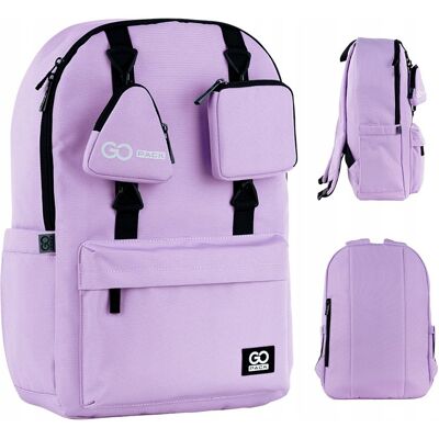 Plecak miejski młodzieżowy model z portfelem i zawieszkami GoPack fioletowy Plecak miejski młodzieżowy model z portfelem i zawieszkami GoPack fioletowy