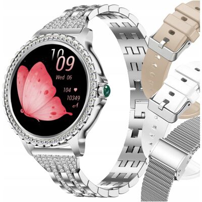 Smartwatch Damski Angelo Watches AX19 Srebrny Zegarek Rozmowy Bluetooth Pulsometr Ciśnienie Cyrkonie + 2 Bransolety + 2 Paski Zestaw Smartwatch Damski Angelo Watches AX19 Srebrny Zegarek Rozmowy Bluetooth Pulsometr Ciśnienie Cyrkonie + 2 Bransolety + 2 Paski Zestaw