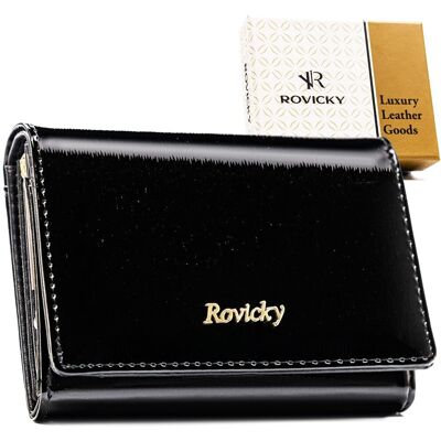 Czarny portfel damski ROVICKY skórzany mały na zatrzask lakierowany rfid stop elegancki Czarny portfel damski ROVICKY skórzany mały na zatrzask lakierowany rfid stop elegancki