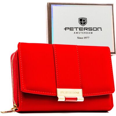 Czerwony portfel damski PETERSON mały elegancki rozbudowany na karty ochrona RFID portmonetka na zatrzask i suwak Czerwony portfel damski PETERSON mały elegancki rozbudowany na karty ochrona RFID portmonetka na zatrzask i suwak