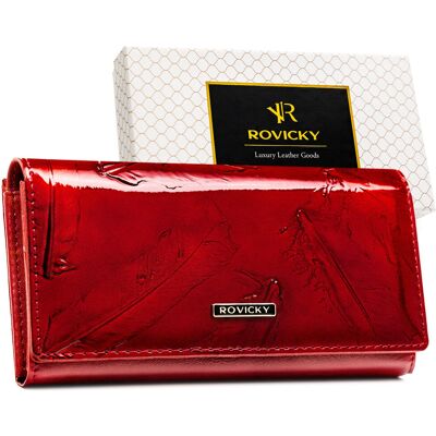 Duży portfel damski na zatrzask i bigiel czerwony ROVICKY skórzany elegancki na karty ochrona RFID Duży portfel damski na zatrzask i bigiel czerwony ROVICKY skórzany elegancki na karty ochrona RFID