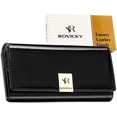 Duży portfel damski ROVICKY rfid stop skórzany elegancki lakierowany rozbudowany na zatrzask czarny Duży portfel damski ROVICKY rfid stop skórzany elegancki lakierowany rozbudowany na zatrzask czarny
