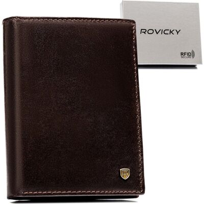 Elegancki duży skórzany portfel męski pionowy bez zapięcia ROVICKY brązowy na karty gotówkę pudełko prezentowe ochrona RFID Elegancki duży skórzany portfel męski pionowy bez zapięcia ROVICKY brązowy na karty gotówkę pudełko prezentowe ochrona RFID