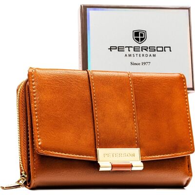 Elegancki portfel damski PETERSON mały ozdobne zapięcie zatrzask i suwak rozbudowany na karty ochrona RFID modny brązowy Elegancki portfel damski PETERSON mały ozdobne zapięcie zatrzask i suwak rozbudowany na karty ochrona RFID modny brązowy