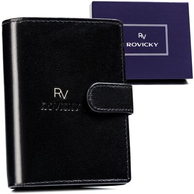 Elegancki portfel męski na karty z ochroną RFID ze skóry naturalnej zapinany Rovicky, czarny Elegancki portfel męski na karty z ochroną RFID ze skóry naturalnej zapinany Rovicky, czarny