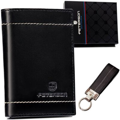 Eleganckie męskie etui na kart ze skóry naturalnej czarne zestaw etui + brelok na prezent PETERSON Eleganckie męskie etui na kart ze skóry naturalnej czarne zestaw etui + brelok na prezent PETERSON