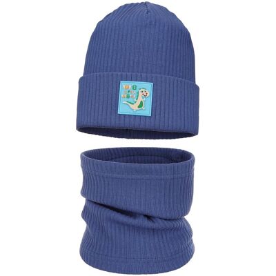 Komplet czapka i komin w prążki z naszywką z dinozaurem denim Ambra r.46/50 Komplet czapka i komin w prążki z naszywką z dinozaurem denim Ambra r.46/50