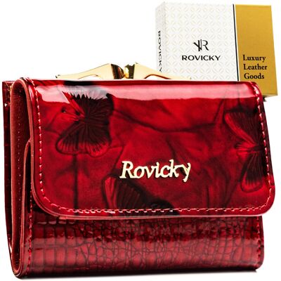 Mały portfel damski na zatrzask i bigiel lakierowany czerwony ROVICKY skórzany elegancki ochrona RFID Mały portfel damski na zatrzask i bigiel lakierowany czerwony ROVICKY skórzany elegancki ochrona RFID