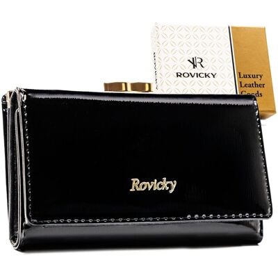 Mały portfel damski skórzany ROVICKY rfid stop portmonetka na zatrzask i bigiel lakierowany na karty czarny Mały portfel damski skórzany ROVICKY rfid stop portmonetka na zatrzask i bigiel lakierowany na karty czarny