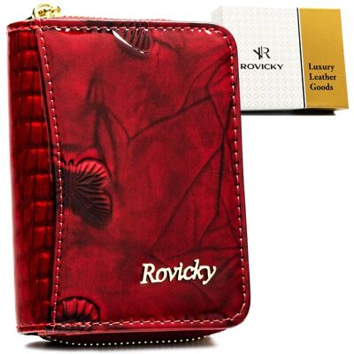 Mały skórzany portfel damski na suwak ROVICKY elegancki lakierowany ochrona kart RFID STOP Mały skórzany portfel damski na suwak ROVICKY elegancki lakierowany ochrona kart RFID STOP