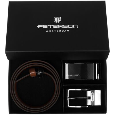 Męski pasek ze skóry naturalnej 85 PETERSON klasyczny do spodni dwustronny czarny brązowy dwie klamry klasyczna i na bolec zestaw prezentowy Męski pasek ze skóry naturalnej 85 PETERSON klasyczny do spodni dwustronny czarny brązowy dwie klamry klasyczna i na bolec zestaw prezentowy