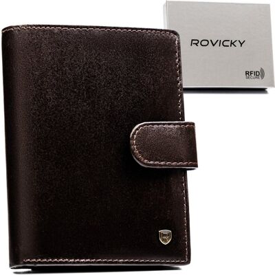 Męski pionowy portfel ze skóry naturalnej elegancki brązowy na zatrzask ROVICKY duży na karty na prezent antykradzieżowy RFID Męski pionowy portfel ze skóry naturalnej elegancki brązowy na zatrzask ROVICKY duży na karty na prezent antykradzieżowy RFID