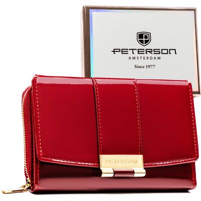 Modny portfel damski PETERSON lakierowany mały złote okucia RFID rozbudowany na karty zatrzask i suwak elegancki burgundowy Modny portfel damski PETERSON lakierowany mały złote okucia RFID rozbudowany na karty zatrzask i suwak elegancki burgundowy