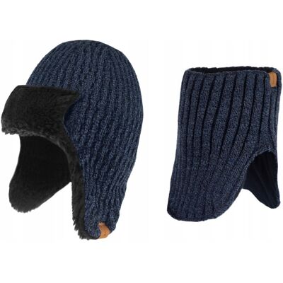 Nandy, Komplet męski - czapka uszatka + komin, granatowy Nandy, Komplet męski - czapka uszatka + komin, granatowy