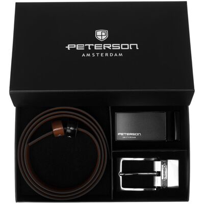 Pasek męski skórzany klasyczny do spodni PETERSON dwustronny czarny brązowy 115 dwie klamry zestaw prezentowy Pasek męski skórzany klasyczny do spodni PETERSON dwustronny czarny brązowy 115 dwie klamry zestaw prezentowy