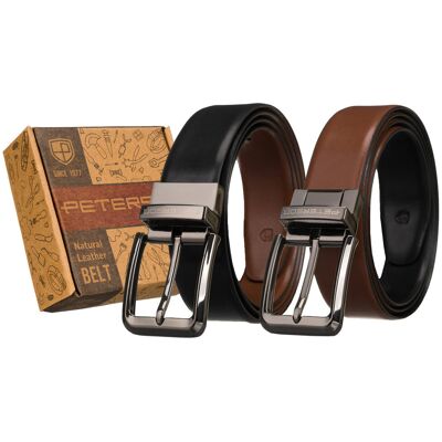 PETERSON Skórzany pasek męski do spodni dwustronny czarny brązowy klasyczna obrotowa klamra elegancki prezent PETERSON Skórzany pasek męski do spodni dwustronny czarny brązowy klasyczna obrotowa klamra elegancki prezent