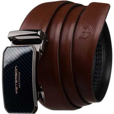 PETERSON Skórzany pasek męski do spodni garniturowych casualowy 85 brązowy z czarną klamrą elegancki klasyczny PETERSON Skórzany pasek męski do spodni garniturowych casualowy 85 brązowy z czarną klamrą elegancki klasyczny