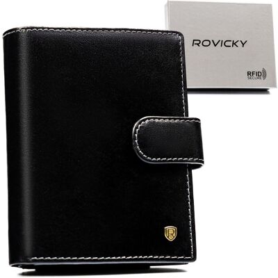 Pionowy czarny portfel męski ROVICKY duży skórzany na zatrzask rozbudowany na karty elegancki na prezent ochrona RFID Pionowy czarny portfel męski ROVICKY duży skórzany na zatrzask rozbudowany na karty elegancki na prezent ochrona RFID