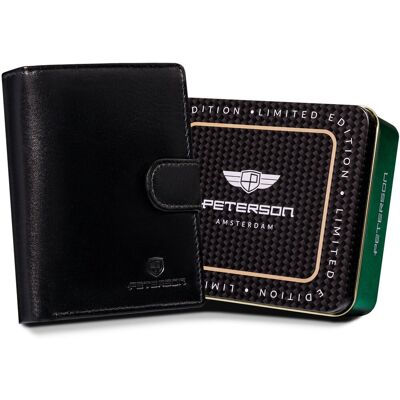 Pionowy elegancki portfel męski ze skóry naturalnej czarny z zapięciem na zatrzask elegancki prezent antykradzieżowy ochrona RFID PETERSON Pionowy elegancki portfel męski ze skóry naturalnej czarny z zapięciem na zatrzask elegancki prezent antykradzieżowy ochrona RFID PETERSON