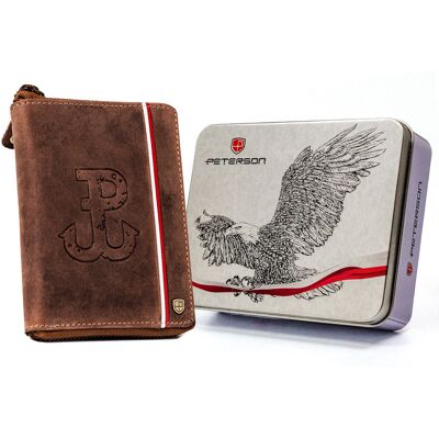 Pojemny portfel na suwak męski patriotyczny Polska Walcząca flaga Polski skóra naturalna Peterson, brązowy Pojemny portfel na suwak męski patriotyczny Polska Walcząca flaga Polski skóra naturalna Peterson, brązowy
