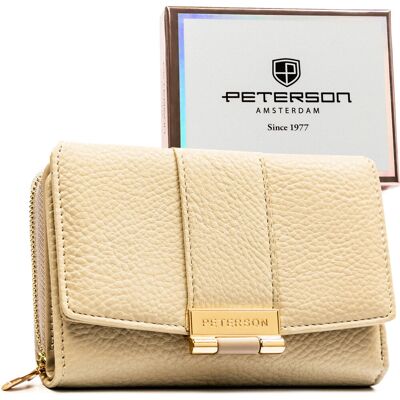 Portfel damski beżowy PETERSON ochrona RFID mały z ozdobnym zapięciem i suwakiem karty gotówka elegancki prezent Portfel damski beżowy PETERSON ochrona RFID mały z ozdobnym zapięciem i suwakiem karty gotówka elegancki prezent