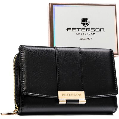 Portfel damski czarny PETERSON mały poziomy na zatrzask i suwak ochrona RFID rozbudowany na karty elegancki Portfel damski czarny PETERSON mały poziomy na zatrzask i suwak ochrona RFID rozbudowany na karty elegancki